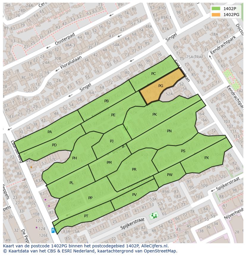 Afbeelding van het postcodegebied 1402 PG op de kaart.