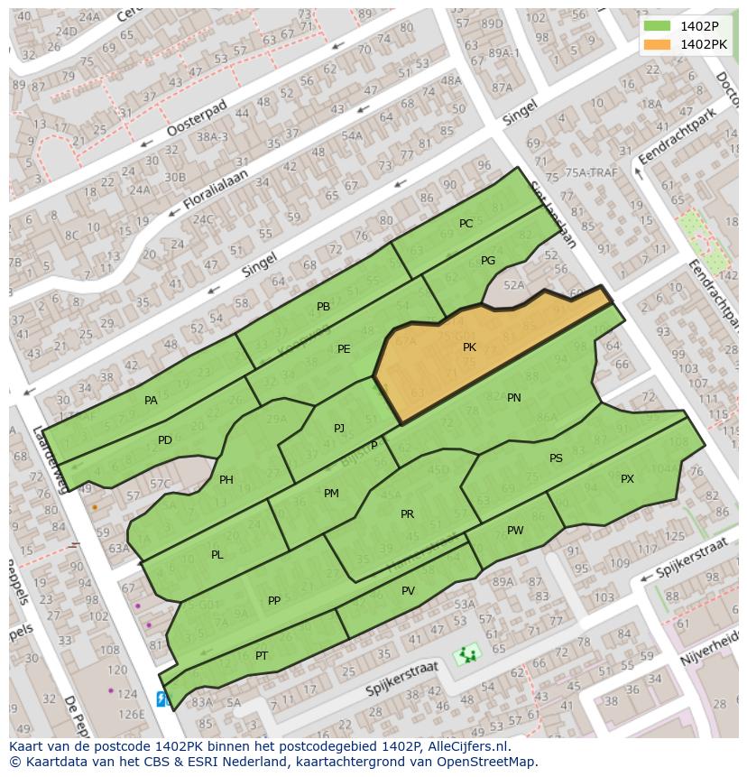 Afbeelding van het postcodegebied 1402 PK op de kaart.