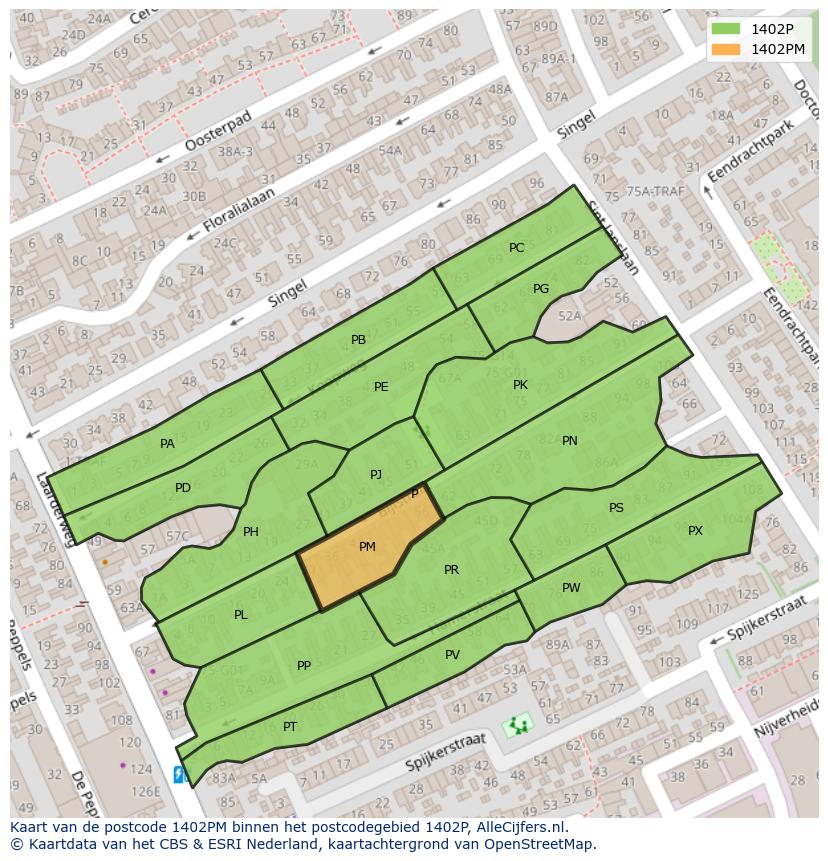 Afbeelding van het postcodegebied 1402 PM op de kaart.