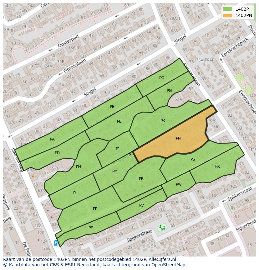 Afbeelding van het postcodegebied 1402 PN op de kaart.