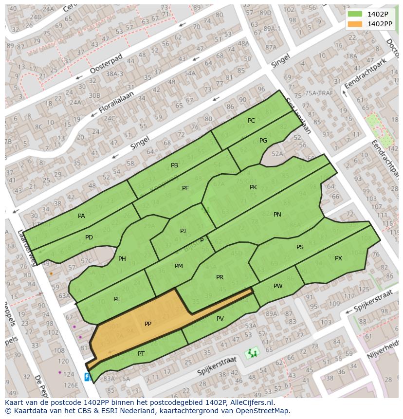 Afbeelding van het postcodegebied 1402 PP op de kaart.