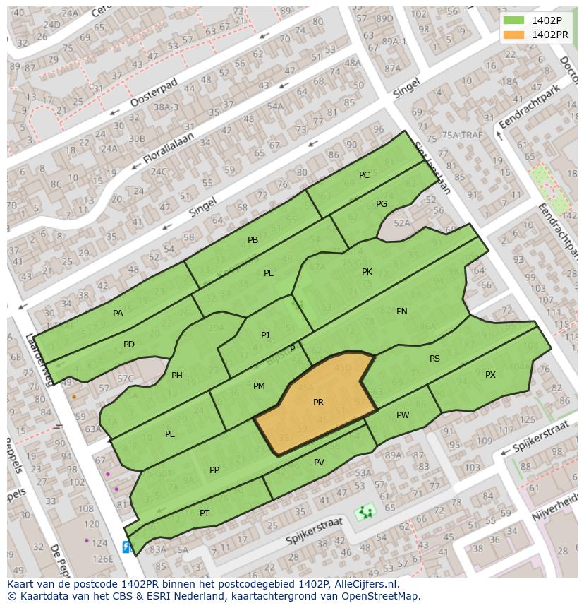 Afbeelding van het postcodegebied 1402 PR op de kaart.