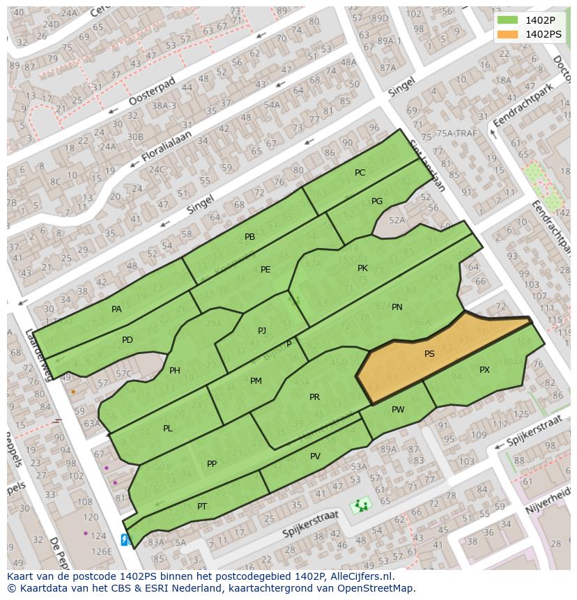 Afbeelding van het postcodegebied 1402 PS op de kaart.