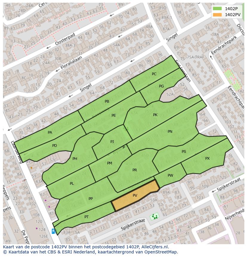 Afbeelding van het postcodegebied 1402 PV op de kaart.