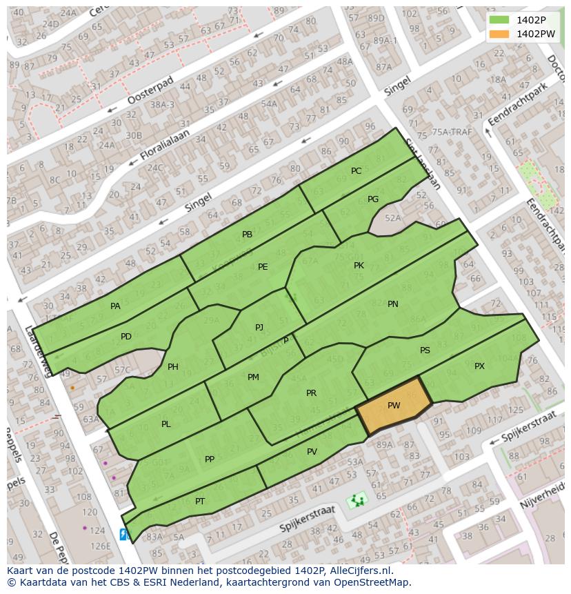 Afbeelding van het postcodegebied 1402 PW op de kaart.
