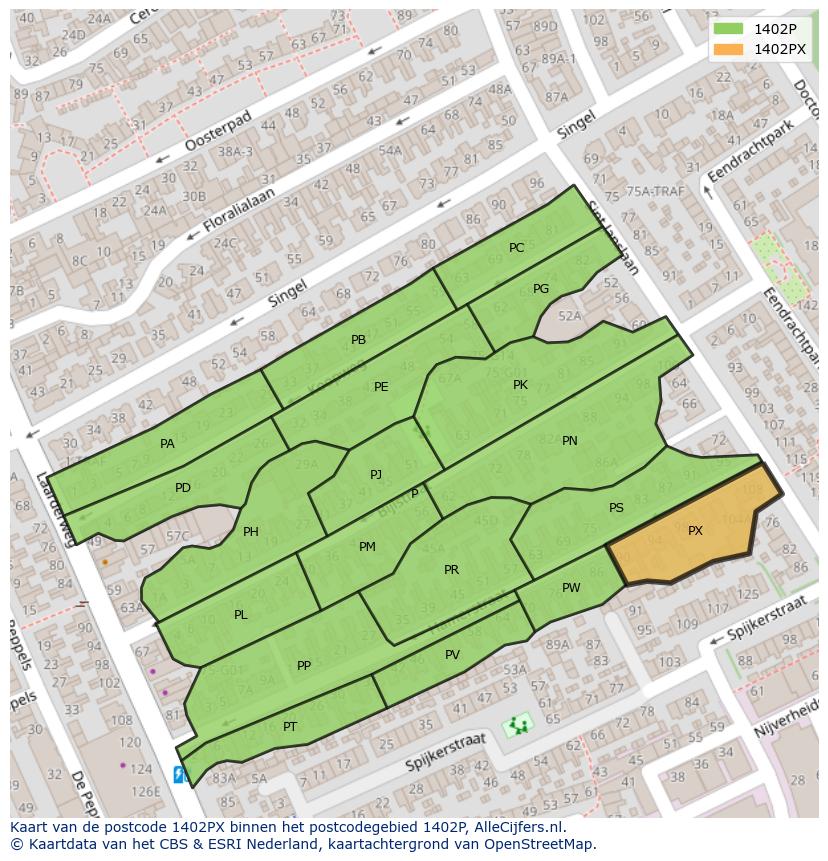 Afbeelding van het postcodegebied 1402 PX op de kaart.
