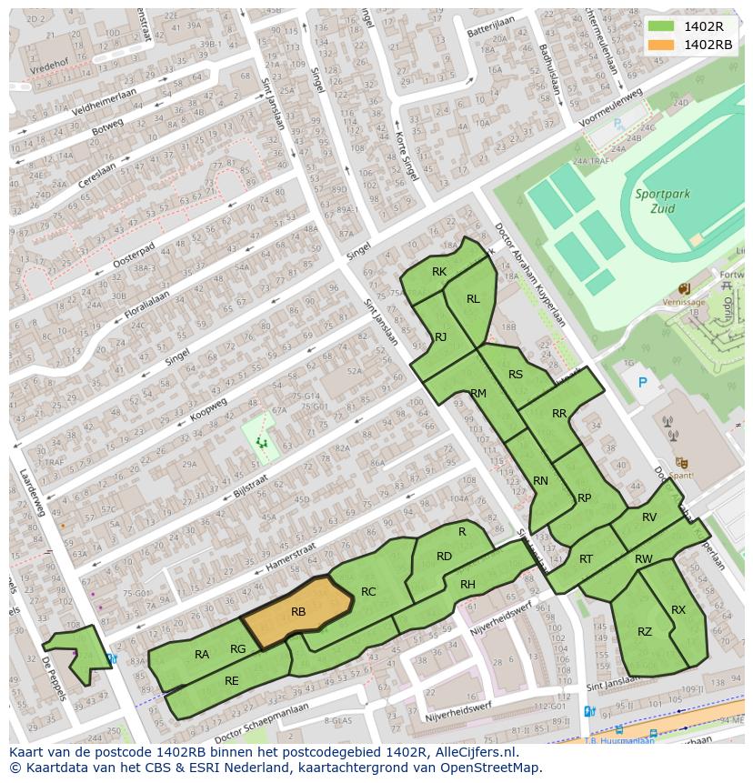 Afbeelding van het postcodegebied 1402 RB op de kaart.