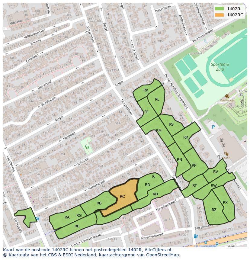Afbeelding van het postcodegebied 1402 RC op de kaart.