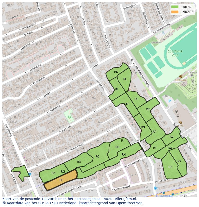 Afbeelding van het postcodegebied 1402 RE op de kaart.