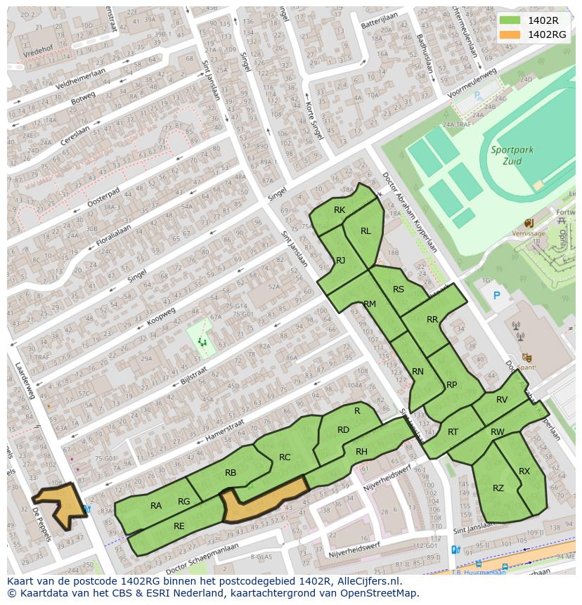 Afbeelding van het postcodegebied 1402 RG op de kaart.