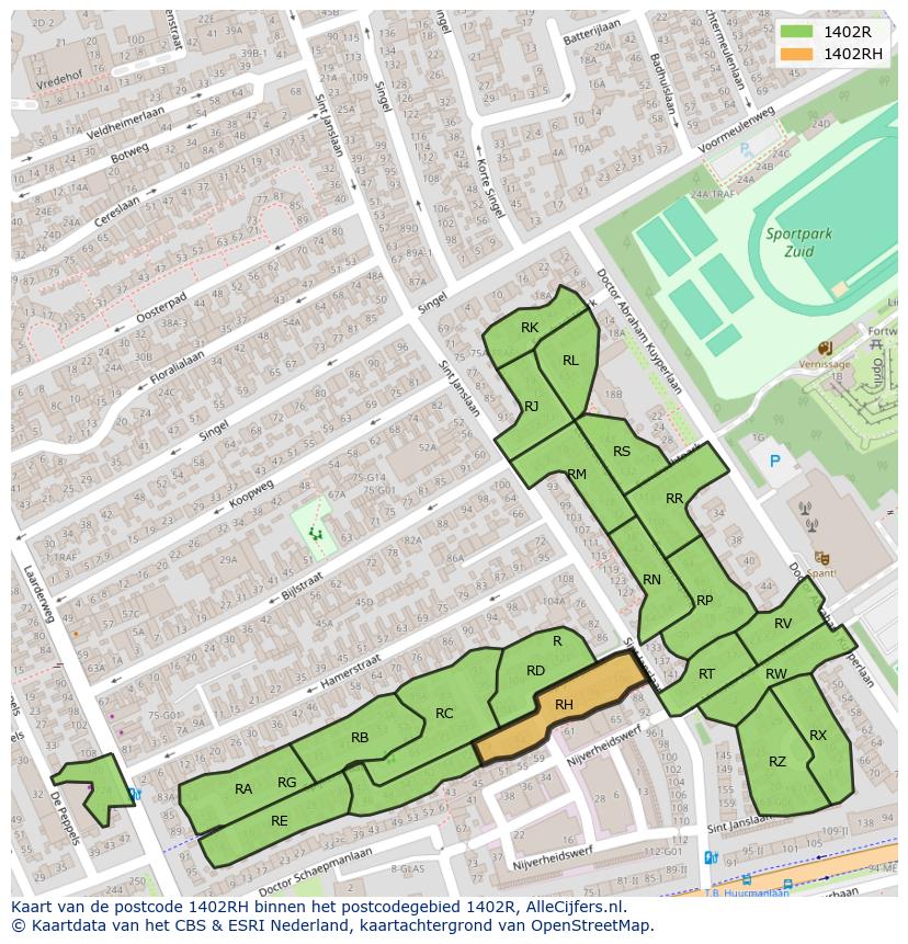 Afbeelding van het postcodegebied 1402 RH op de kaart.