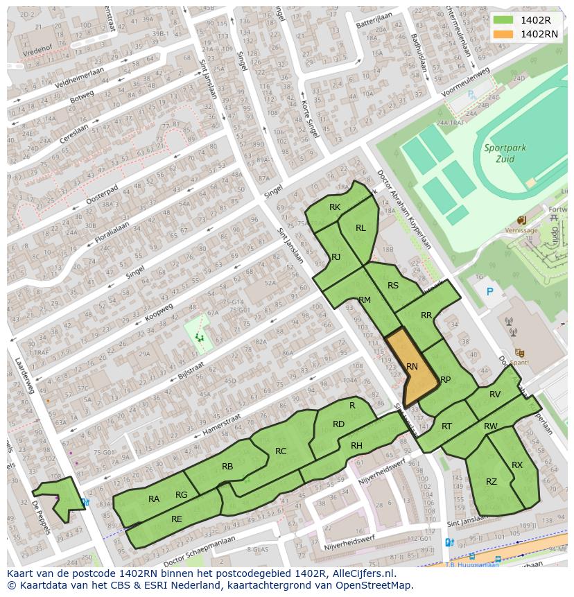 Afbeelding van het postcodegebied 1402 RN op de kaart.