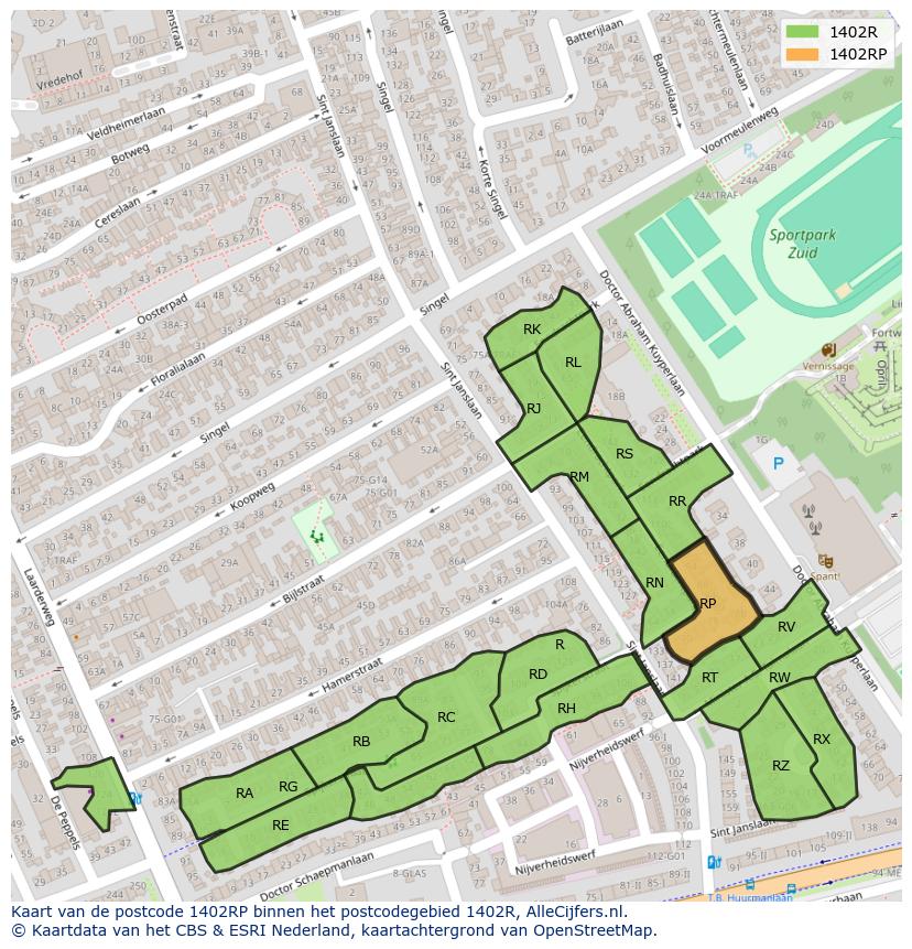 Afbeelding van het postcodegebied 1402 RP op de kaart.