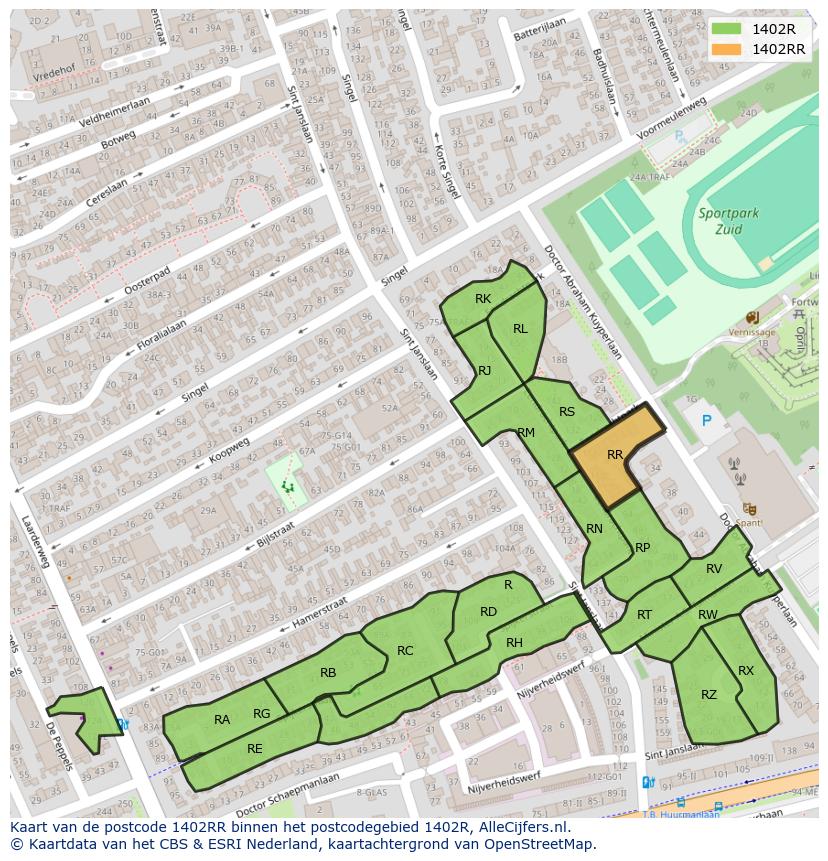 Afbeelding van het postcodegebied 1402 RR op de kaart.