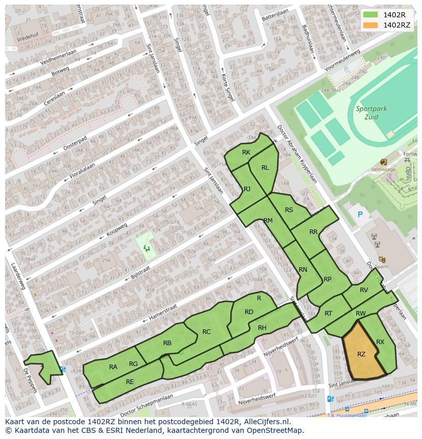 Afbeelding van het postcodegebied 1402 RZ op de kaart.