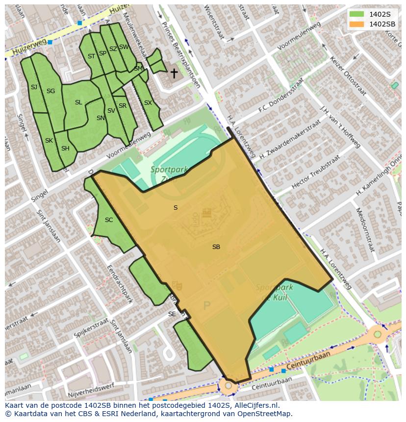 Afbeelding van het postcodegebied 1402 SB op de kaart.