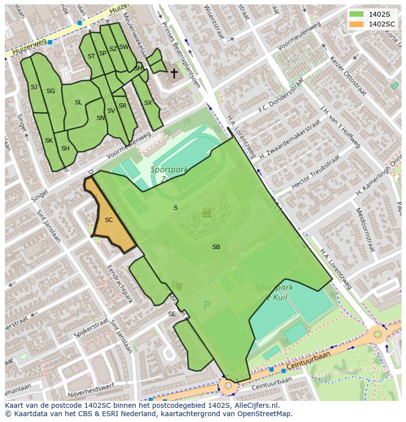 Afbeelding van het postcodegebied 1402 SC op de kaart.