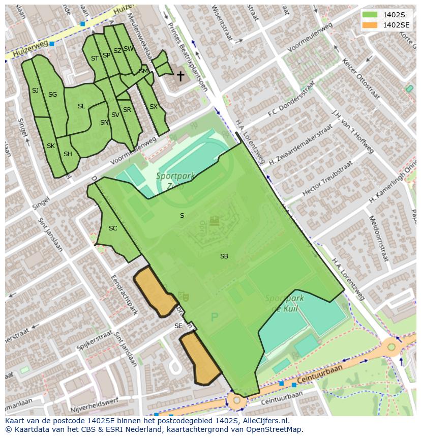 Afbeelding van het postcodegebied 1402 SE op de kaart.
