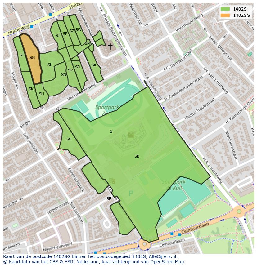 Afbeelding van het postcodegebied 1402 SG op de kaart.