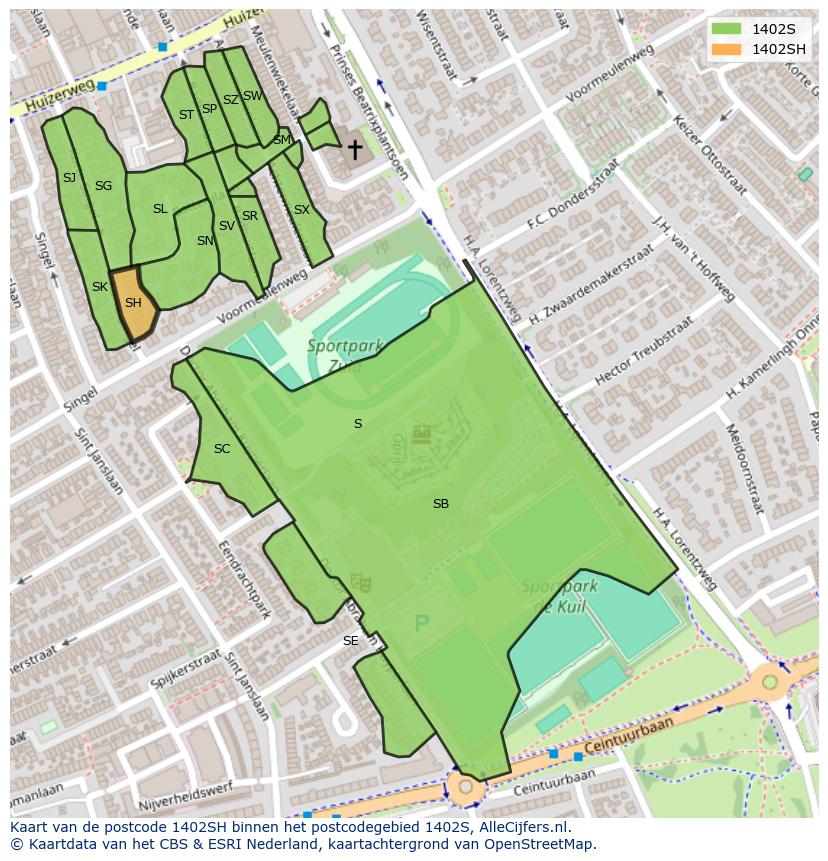 Afbeelding van het postcodegebied 1402 SH op de kaart.