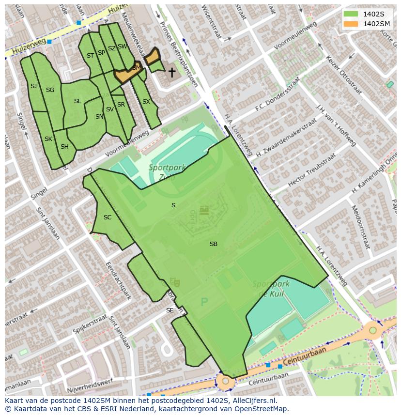 Afbeelding van het postcodegebied 1402 SM op de kaart.