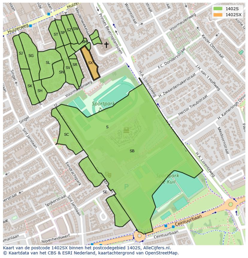 Afbeelding van het postcodegebied 1402 SX op de kaart.