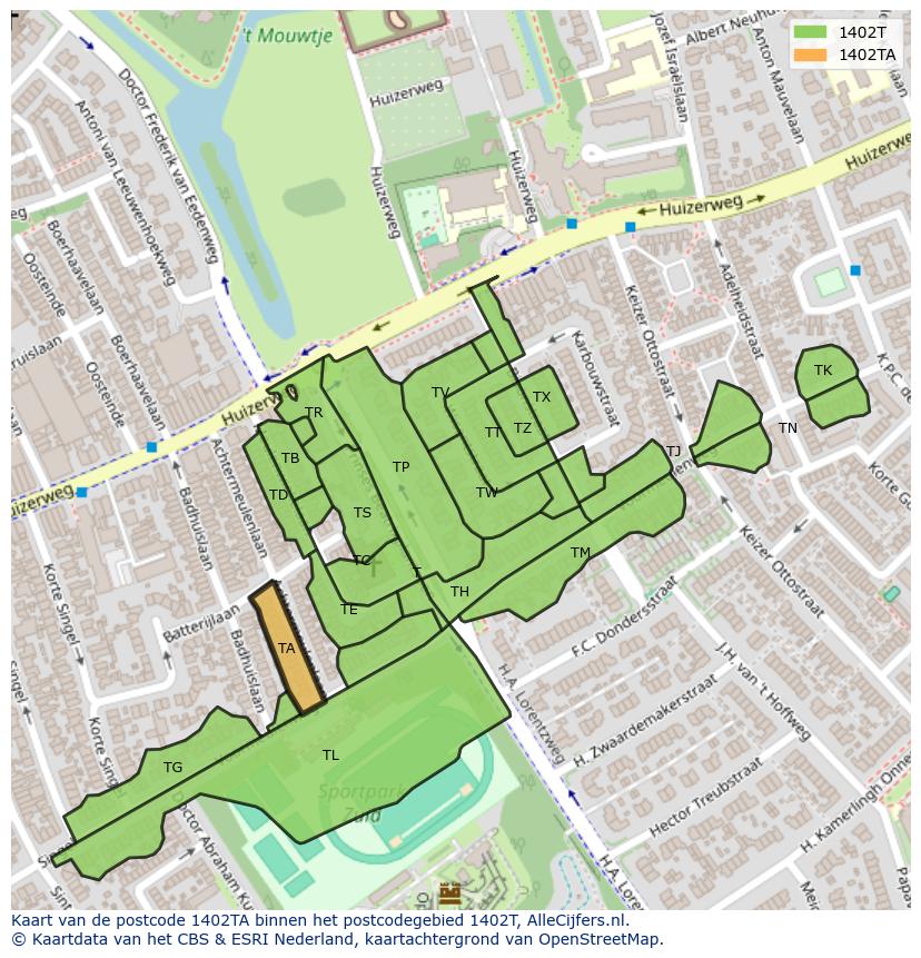 Afbeelding van het postcodegebied 1402 TA op de kaart.