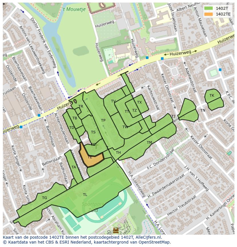 Afbeelding van het postcodegebied 1402 TE op de kaart.