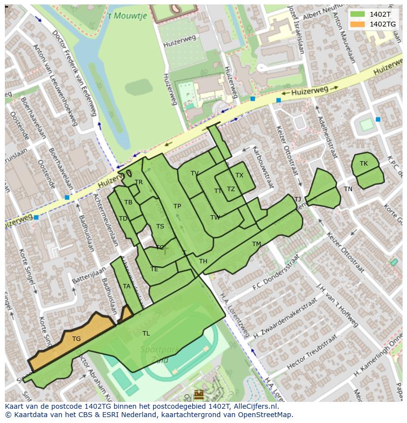 Afbeelding van het postcodegebied 1402 TG op de kaart.