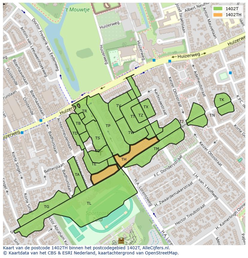 Afbeelding van het postcodegebied 1402 TH op de kaart.