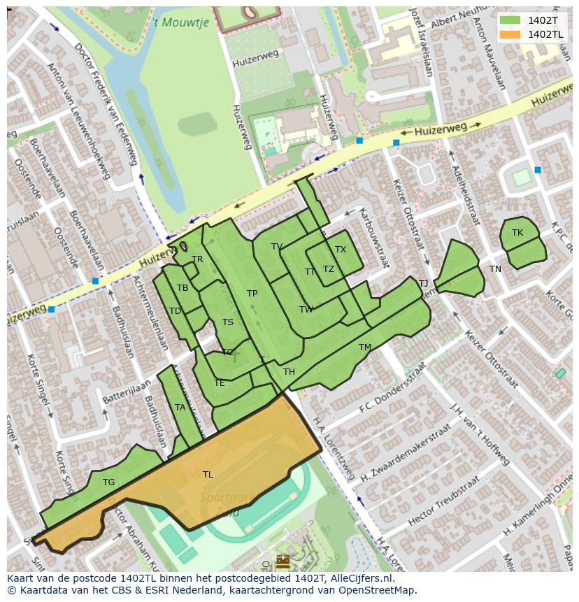 Afbeelding van het postcodegebied 1402 TL op de kaart.