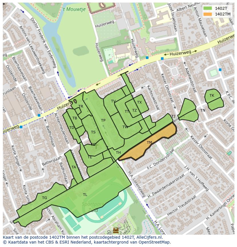 Afbeelding van het postcodegebied 1402 TM op de kaart.