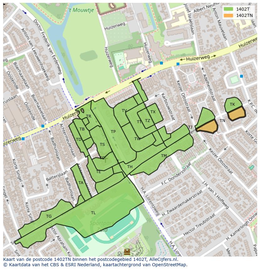Afbeelding van het postcodegebied 1402 TN op de kaart.