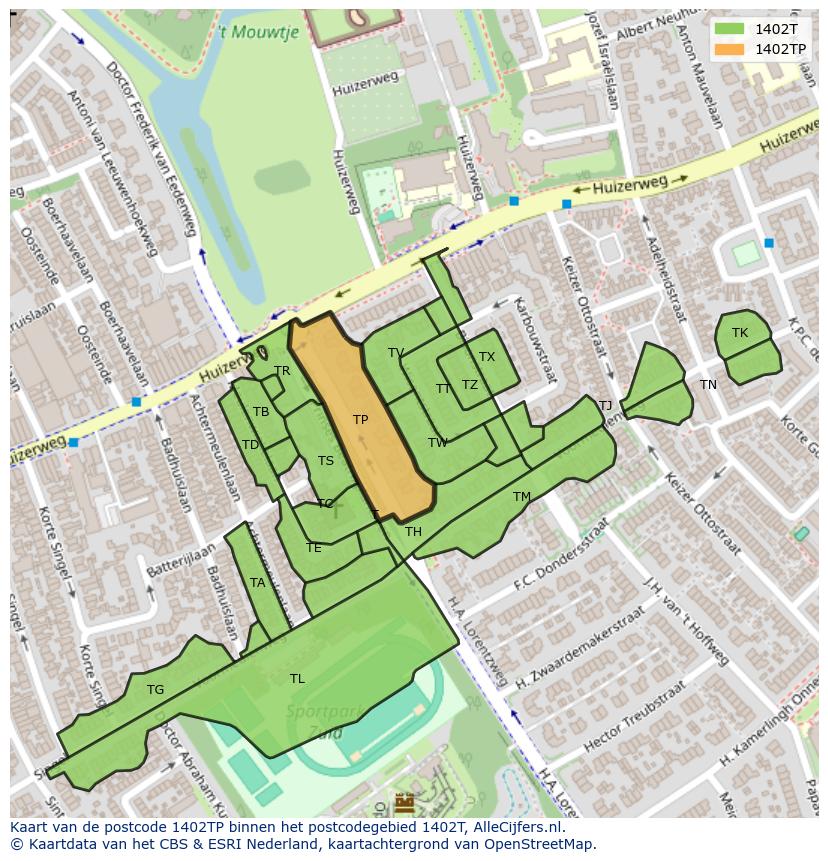 Afbeelding van het postcodegebied 1402 TP op de kaart.