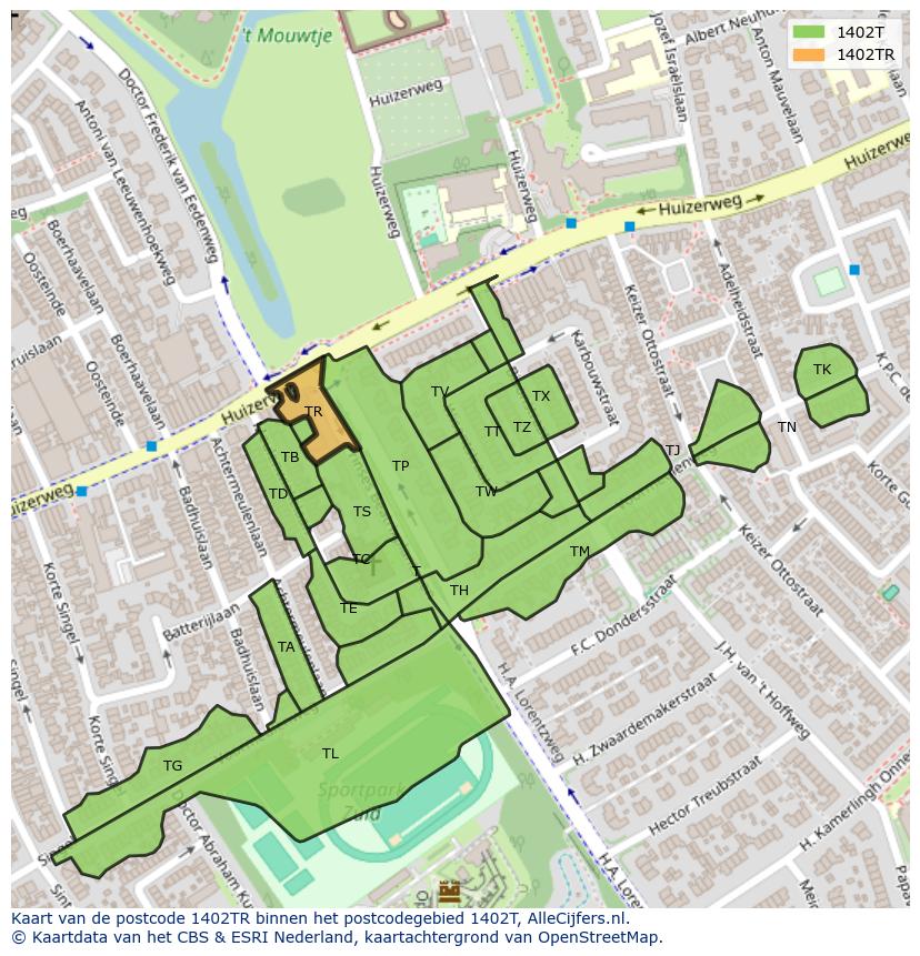 Afbeelding van het postcodegebied 1402 TR op de kaart.