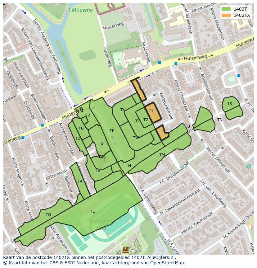 Afbeelding van het postcodegebied 1402 TX op de kaart.