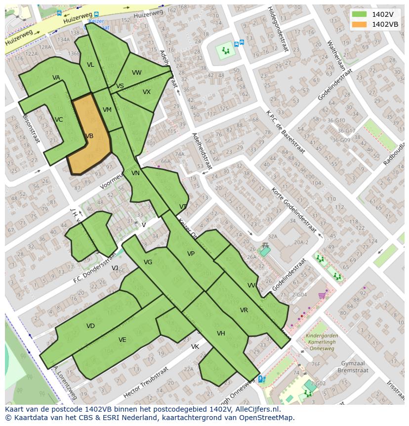 Afbeelding van het postcodegebied 1402 VB op de kaart.