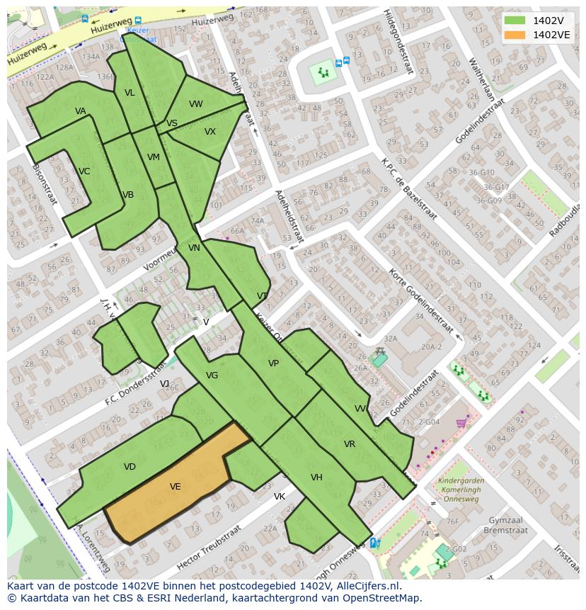 Afbeelding van het postcodegebied 1402 VE op de kaart.
