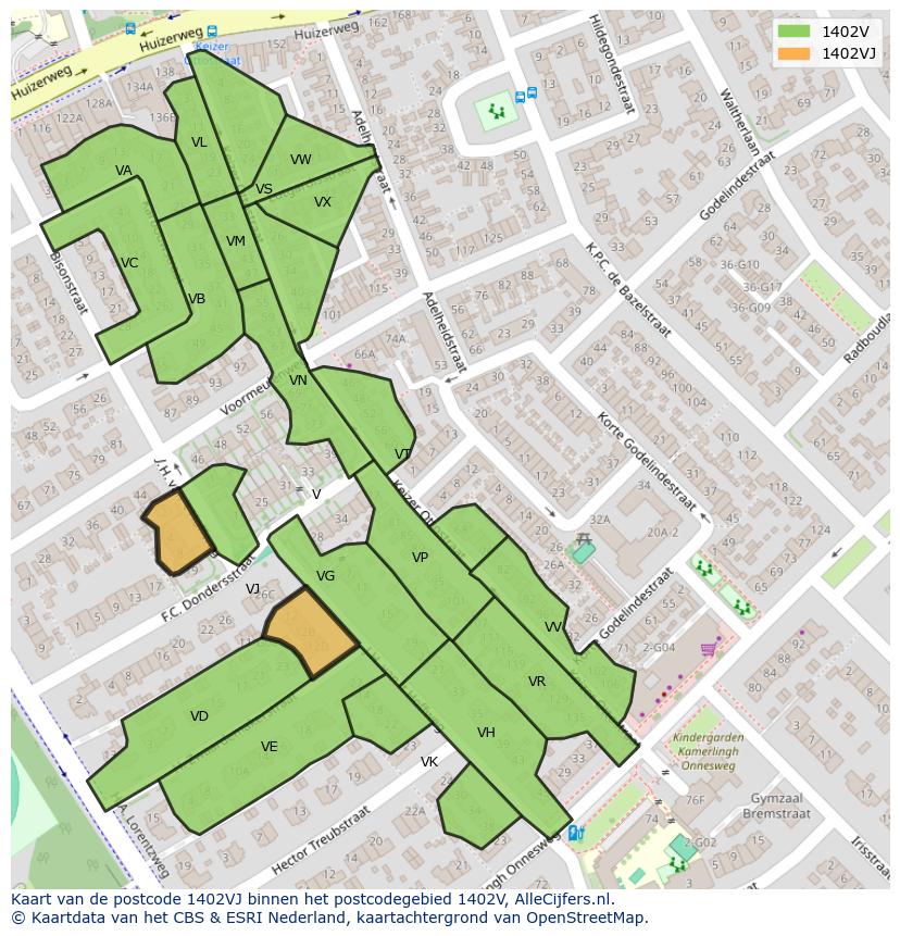 Afbeelding van het postcodegebied 1402 VJ op de kaart.