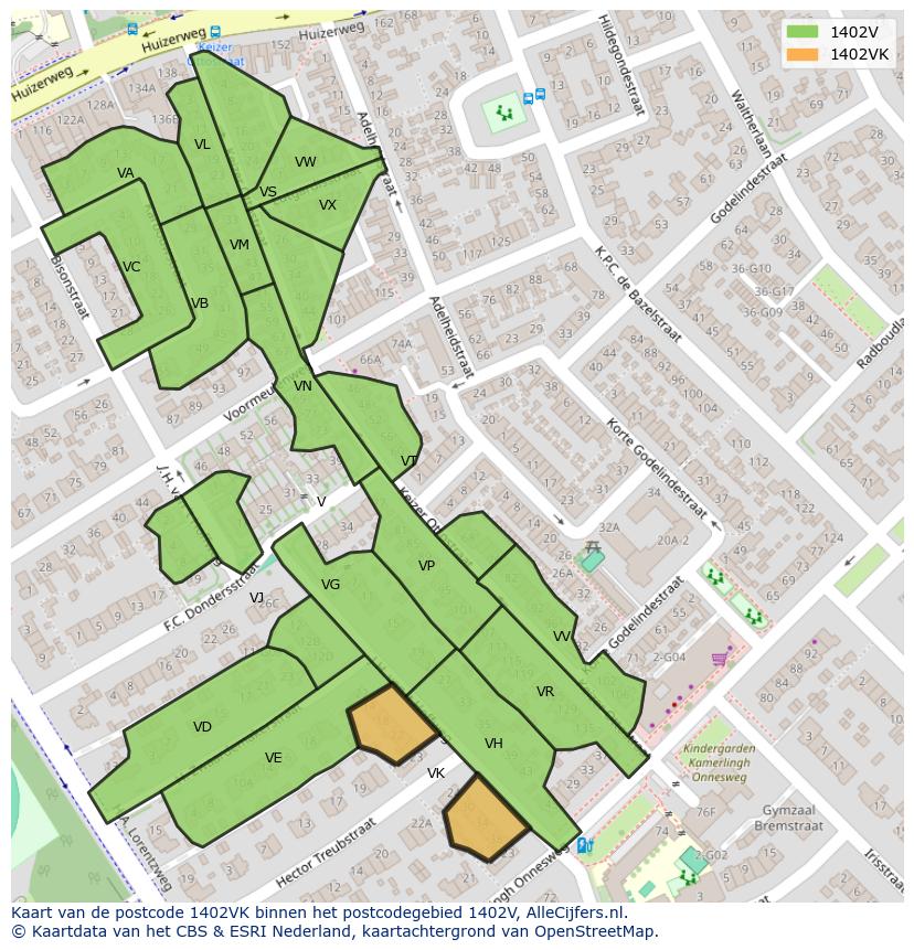 Afbeelding van het postcodegebied 1402 VK op de kaart.