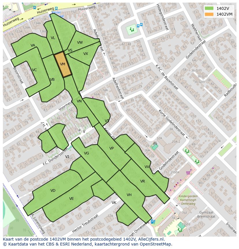 Afbeelding van het postcodegebied 1402 VM op de kaart.