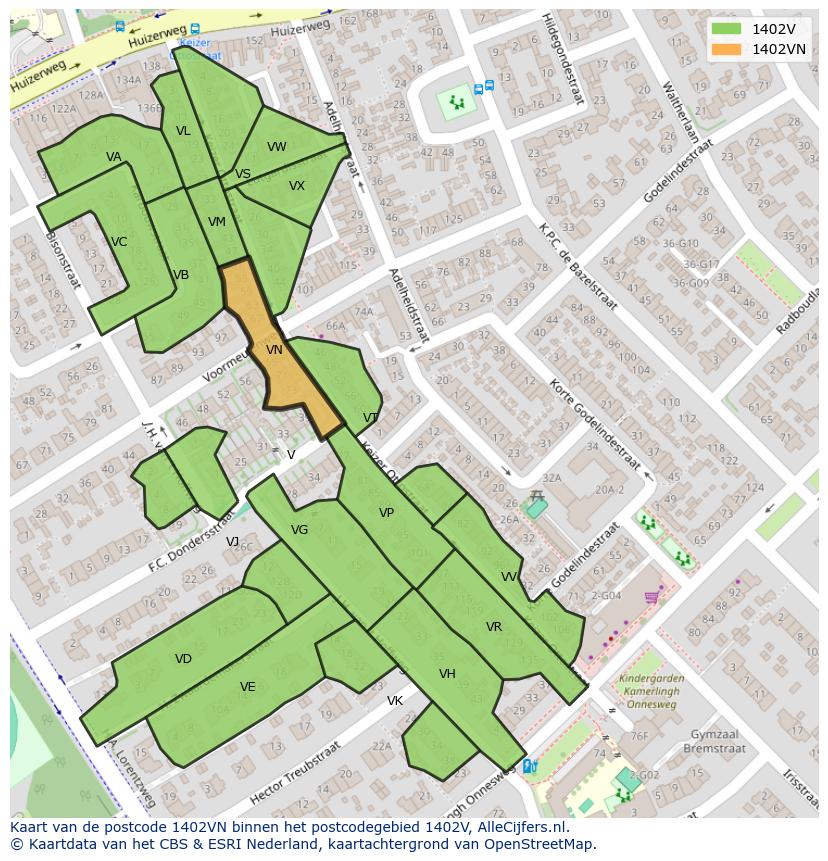 Afbeelding van het postcodegebied 1402 VN op de kaart.