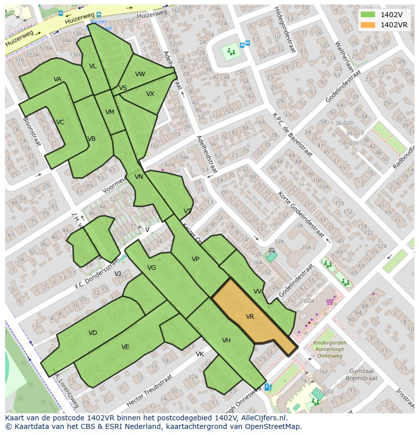 Afbeelding van het postcodegebied 1402 VR op de kaart.