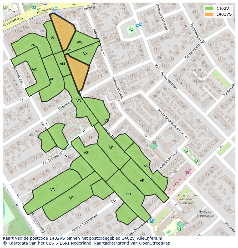 Afbeelding van het postcodegebied 1402 VS op de kaart.