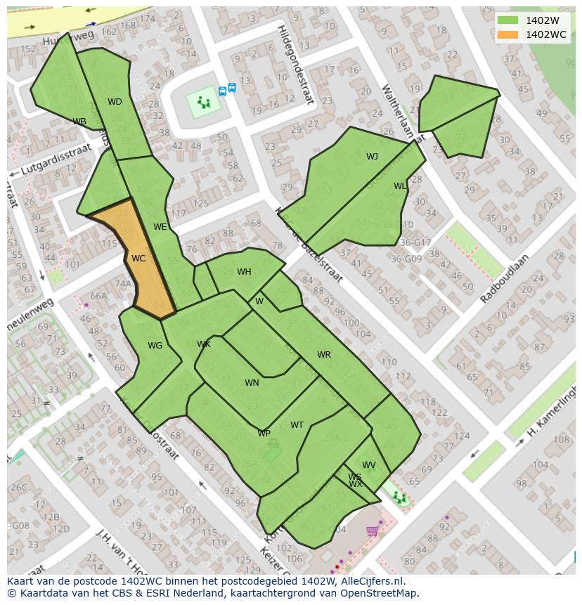 Afbeelding van het postcodegebied 1402 WC op de kaart.