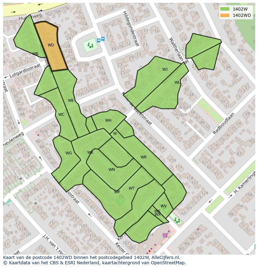 Afbeelding van het postcodegebied 1402 WD op de kaart.