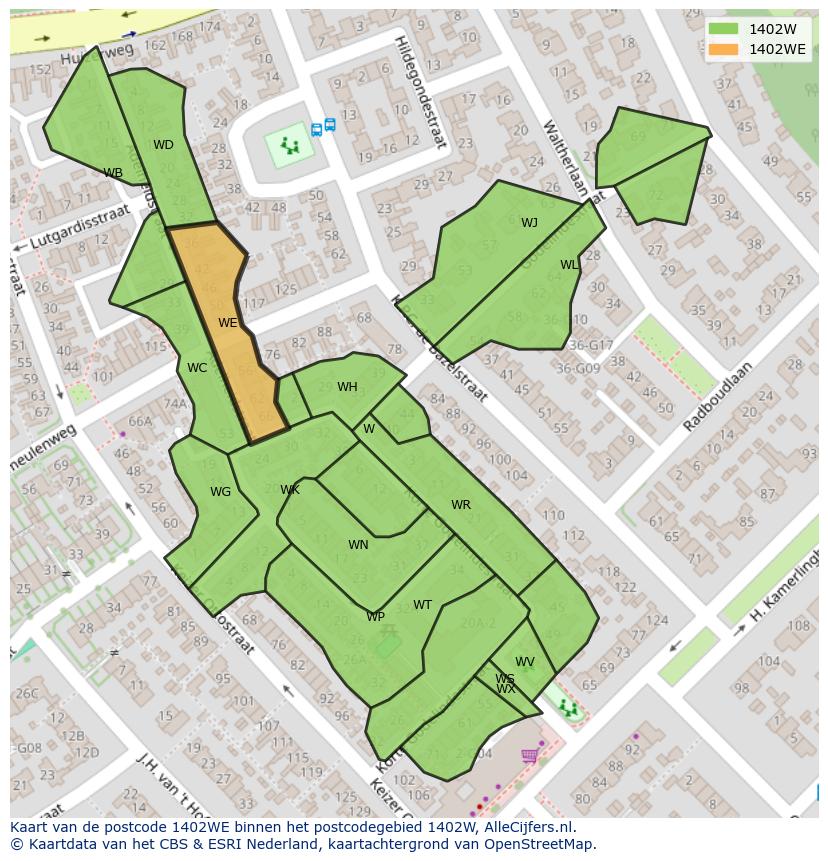 Afbeelding van het postcodegebied 1402 WE op de kaart.