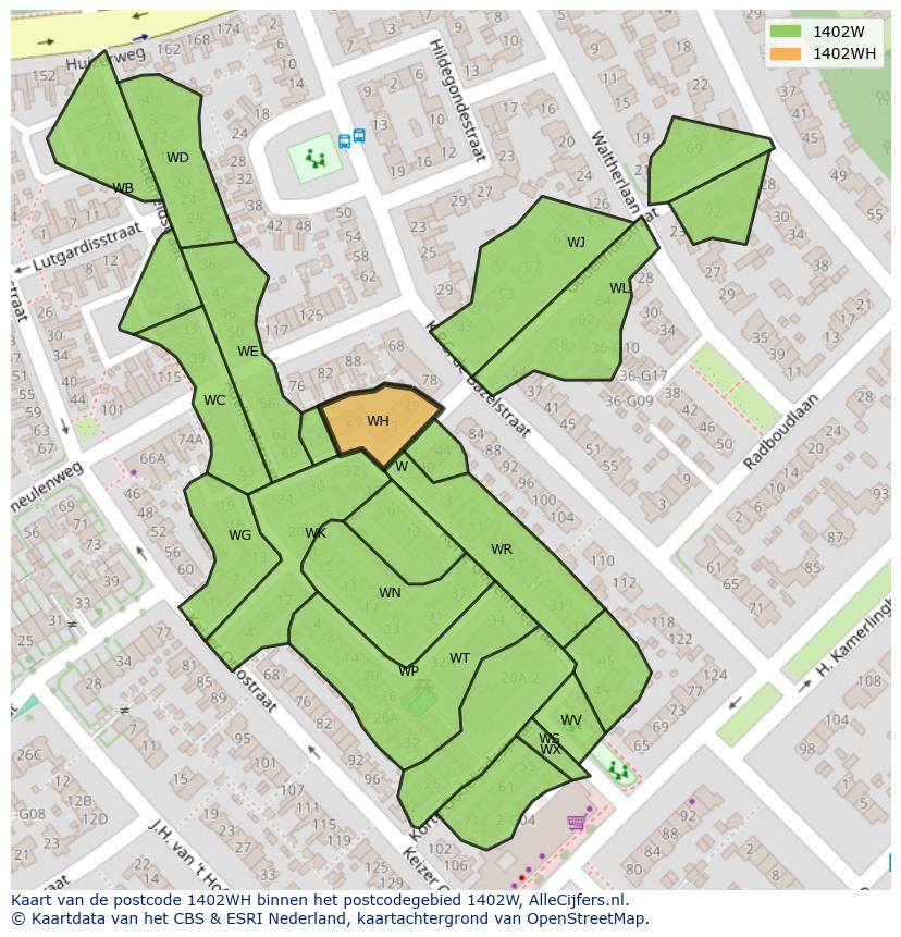 Afbeelding van het postcodegebied 1402 WH op de kaart.