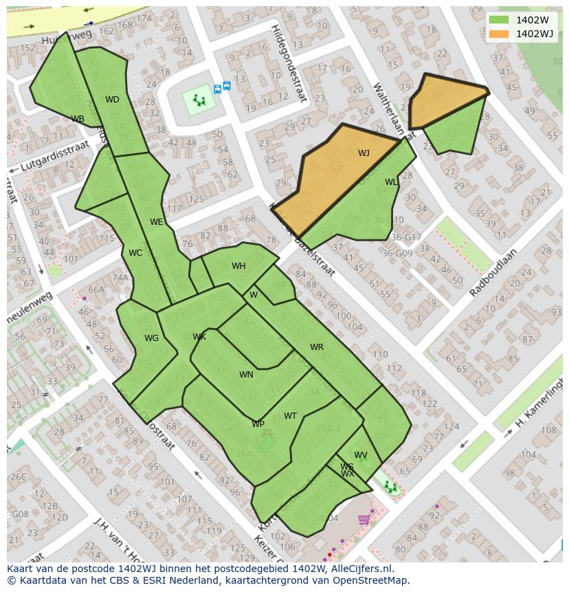 Afbeelding van het postcodegebied 1402 WJ op de kaart.