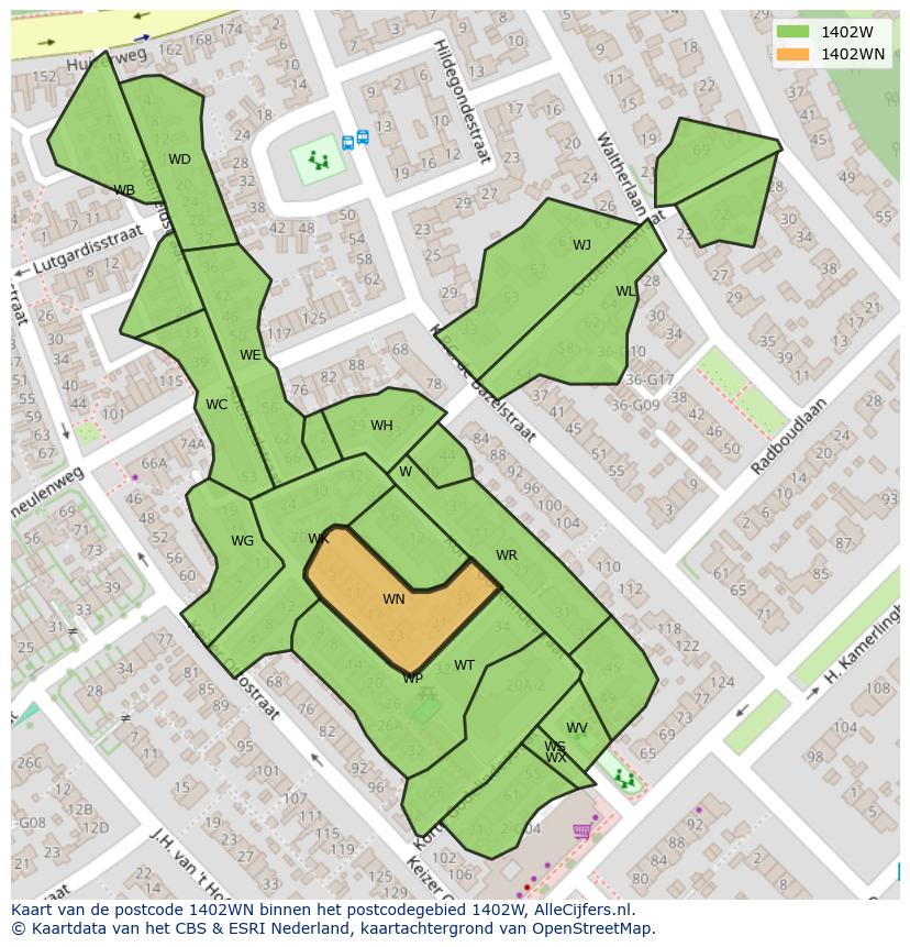 Afbeelding van het postcodegebied 1402 WN op de kaart.